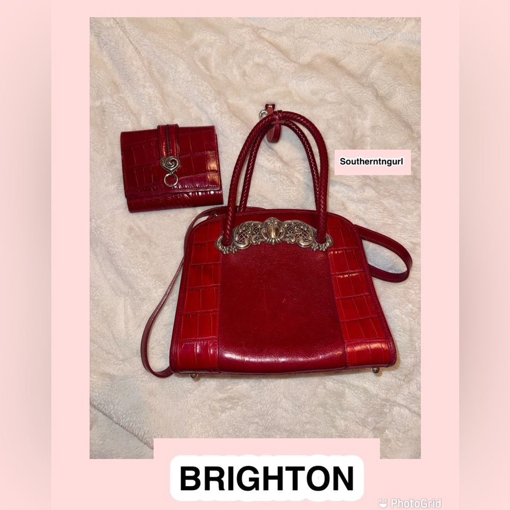 EUC   BRIGHTON Red Leather Satchel Bag and matching wallet